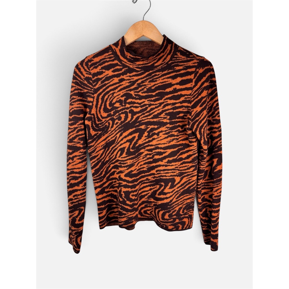 Ann Taylor Sweater Women Small Brown Orange Tiger Stripe Mock Neck Animal Print